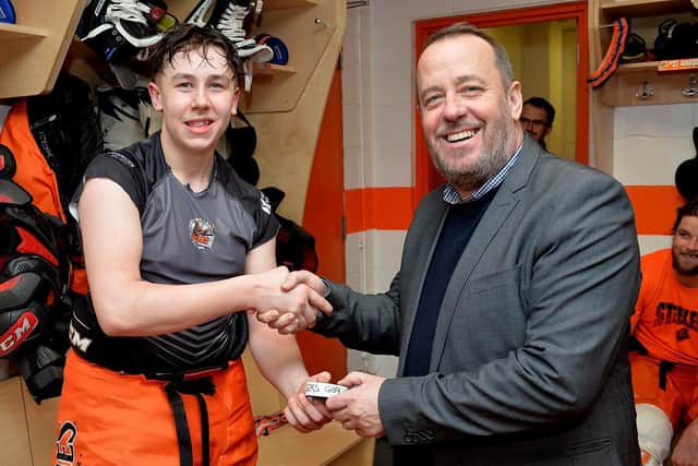 STARTING POINT: Kieran Brown, pictured with former Sheffield Steelers' coach Paul Thompson, who took him on as an apprentice at the club back in 2017. Picture courtesy of Dean Woolley.