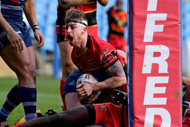 TRY: Sam Day scores a try for Dewsbury. Picture: Paul Butterfield.