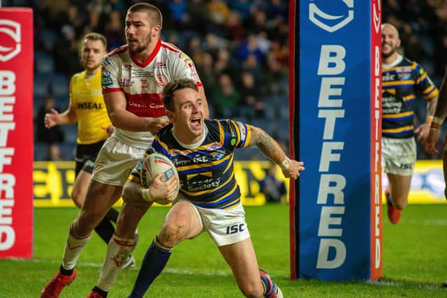 Richie Myler celebrates scoring against Hull KR.
Picture: Bruce Rollinson.