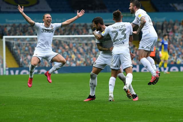 JOY - Luke Ayling couldn't contain his delight as Liam Cooper stroked in another Leeds United goal in the humiliation of Stoke City. Pic: Jonathan Gawthorpe