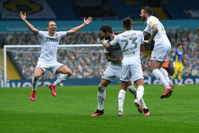 Liam Cooper celebrates scoring against Stoke City. Picture: Jonathan Gawthorpe.