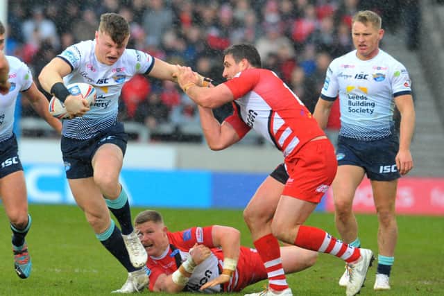 Harry Newman on the charge during Rhinos' win at Salford in February. Picture by Steve Riding.