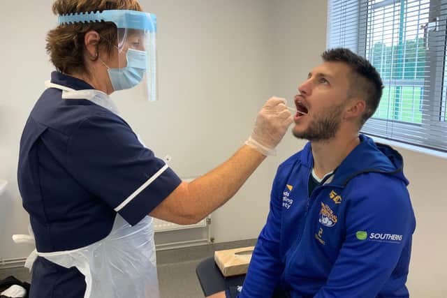 Rhinos' Tom Briscoe is tested for Covid-19 ahead of Rhinos' return to training. Picture by Phil Daly.