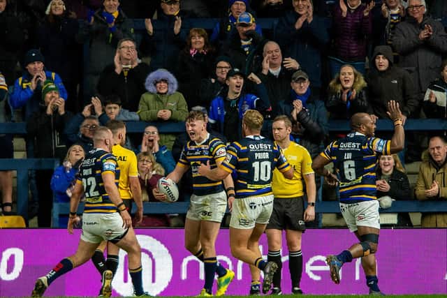Rhinos celebrate Newman's try against Hull KR this season. Picture by Bruce Rollinson.