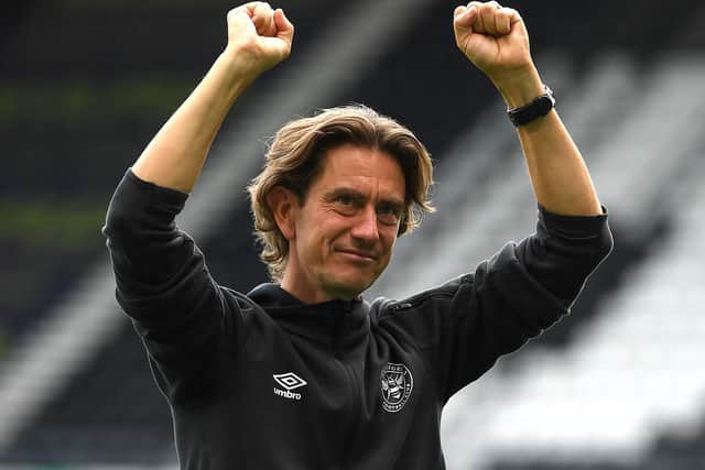 SEVENTH HEAVEN: Boss Thomas Frank celebrates Brentford's 3-1 victory at Derby County. Photo by Ross Kinnaird/Getty Images.