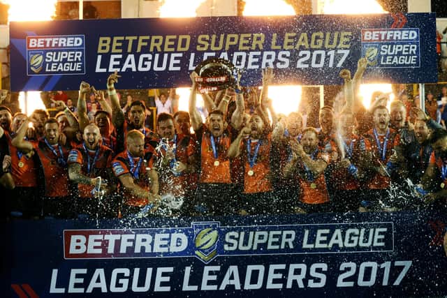 MAGIC MOMENT: Castleford's players celebrate as captain Michael Shenton lifts the League Leaders Shield in 2017.
 Picture: Jonathan Gawthorpe.