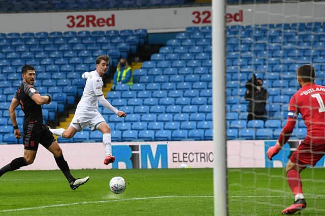 IMPRESSIVE: Striker Patrick Bamford fires home Leeds United's fifth goal in Thursday's 5-0 romp at home to Stoke City. Picture by Jonathan Gawthorpe.