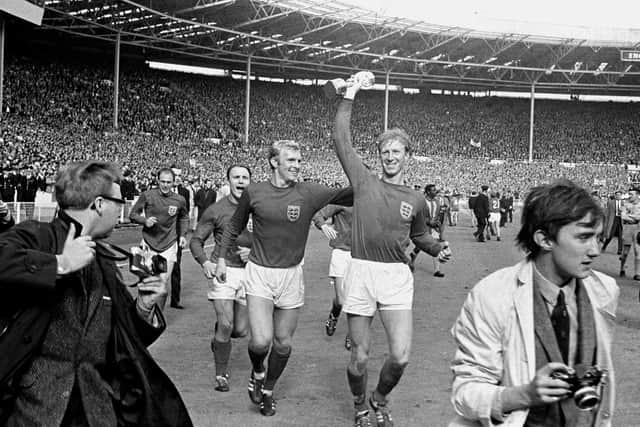 HISTORIC: Leeds United defender Jack Charlton parades the Jules Rimet trophy after England's 4-2 victory against West Germany in the 1966 World Cup final at Wembley. Picture by Martin Rickett/PA Wire.