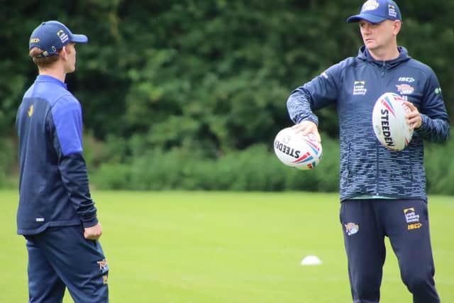 Rhinos coach Richard Agar, right and his assistant James Webster took training on Monday for the first time since March. Picture by Phil Daly.