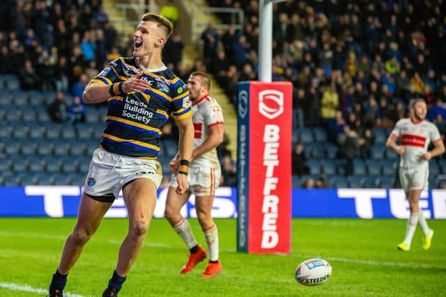 Ash Handley celebrates scoring against Hull KR in February. Picture by Bruce Rollinson.