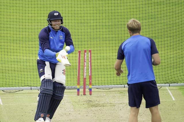 Yorkshire's Jonny Bairstow batting in training with David Willey.