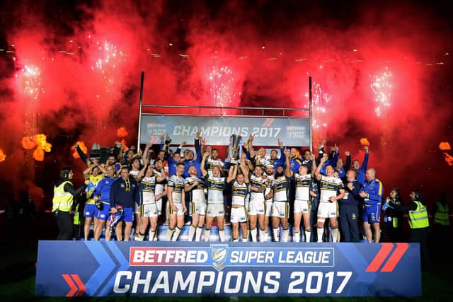 Leeds Rhinos celebrate being crowned Super League champions after the 2017 Grand Final. Picture: Bruce Rollinson.