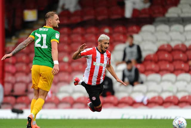 SIMULATION: Brentford's Said Benrahma goes to ground despite Preston North End defender Patrick Bauer not making any contact with the forward in Wednesday's clash at Griffin Park. Photo by Alex Burstow/Getty Images.