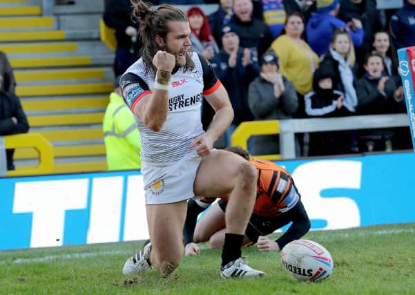 Liam Kay celebrates his try against Castleford earlier in the season. Picture: PA.