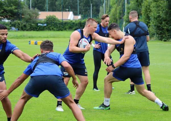 Callum McLelland, centre, in training with is Leeds Rhinos team-mates this week. Picture: Phil Daly/Leeds Rhinos.