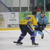 Kieran Brown, pictured in action against Leeds Chiefs last season while playing for Sheffield Steeldogs as part of his two-way deal with Sheffield Steelers. Picture courtesy of Cerys Molloy.