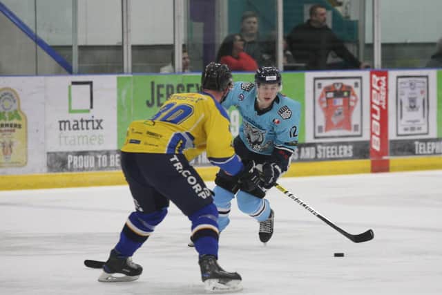 Kieran Brown, pictured in action against Leeds Chiefs last season while playing for Sheffield Steeldogs as part of his two-way deal with Sheffield Steelers. Picture courtesy of Cerys Molloy.