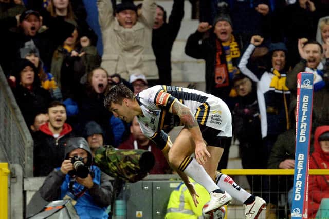 Tom Briscoe scores his second try in Leeds' 2017 Grand Final win against Castleford. Picture by Bruce Rollinson.
