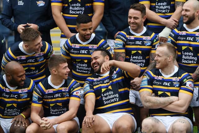 Konrad Hurrell, second from right, keeps teammates entertained at a pre-season photocall. Picture by Jonathan Gawthorpe.
