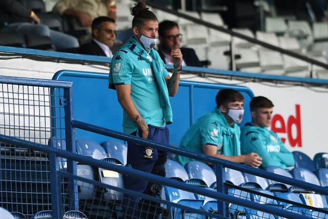Injured Leeds United player Kalvin Phillips watches from the stands against Barnsley. 
Picture: Jonathan Gawthorpe.