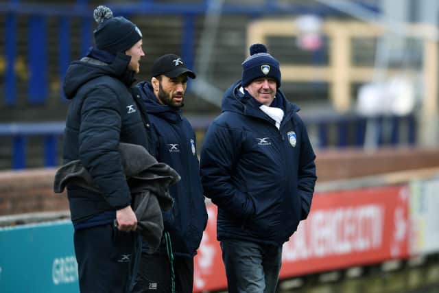 TOUGH TIMES: Steve Boden, centre, working as head coach with
Yorkshire Carnegie's then director of rugby Chris Stirling back in March 2019.
Picture: Jonathan Gawthorpe