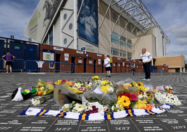 Flowers are laid for Leeds United legend Jack Charlton outside Elland Road. Picture by Simon Hulme