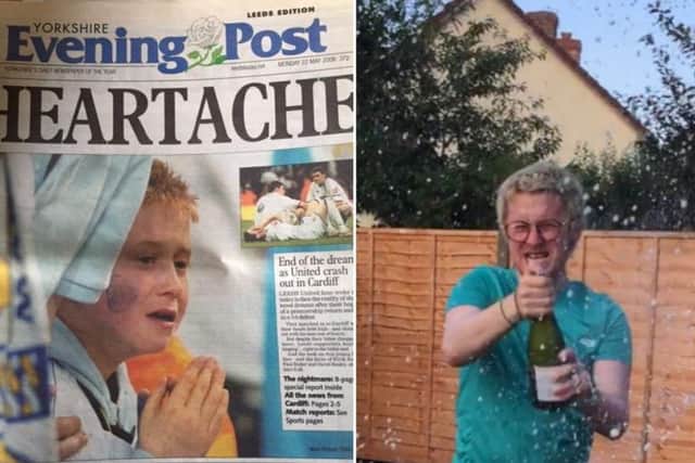 Adam Scholey on the front page of the YEP in 2006 (left), and celebrating in his back garden after Leeds' promotion was confirmed.