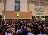 Leeds United fans celebrate at Elland Road. (Bruce Rollinson)