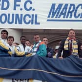 THE LAST TIME: Legendary former Whites manager Howard Wilkinson, second right, celebrates Leeds United's promotion from the old Division Two as champions in 1990 at the club's civic reception. Picture by Varleys.