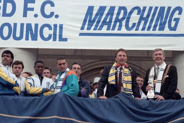 THE LAST TIME: Legendary former Whites manager Howard Wilkinson, second right, celebrates Leeds United's promotion from the old Division Two as champions in 1990 at the club's civic reception. Picture by Varleys.