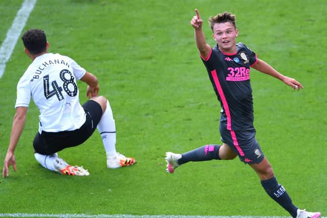 LANDMARK MOMENT: Jamie Shackleton celebrates his first goal in senior football to put Leeds United in front at Derby County. Photo by Laurence Griffiths/Getty Images.