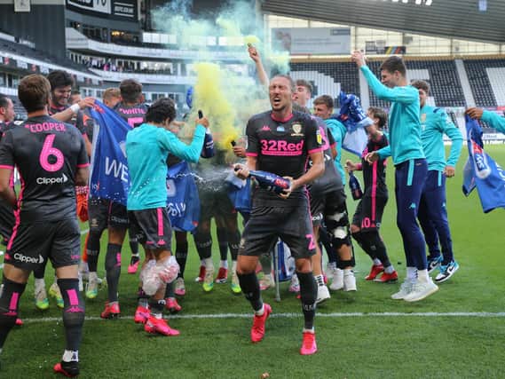 Leeds United celebrate post-match at Derby County.