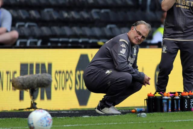 Something to smile about: Leeds United coach, Marcelo Bielsa at Pride Park. Picture: Varleys Picture Agency.