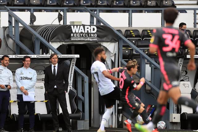 LESSON: Derby County boss Philip Cocu, third from left, looks on during Sunday's 3-1 loss at home to Championship title winners and Premier League-bound Leeds United. Picture by Mike Egerton/PA Wire.