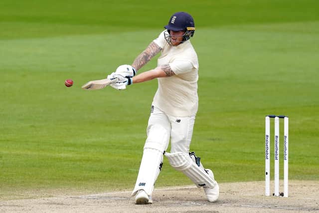 England's Ben Stokes smacks the ball through the leg side on his way to an unbeaten 78 against West Indies at Old Trafford on Monday. Picture: Jon Super/NMC Pool/PA