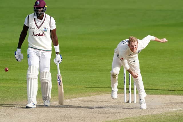 England's Ben Stokes bowls during day four of the second Test against West Indies at Old Trafford. Picture: Jon Super/NMC Pool/PA