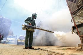 A government worker that is part of a combined taskforce tackling COVID-19 coronavirus fumigates a neighbourhood as part of safety precautions, in Yemen's capital Sanaa.
