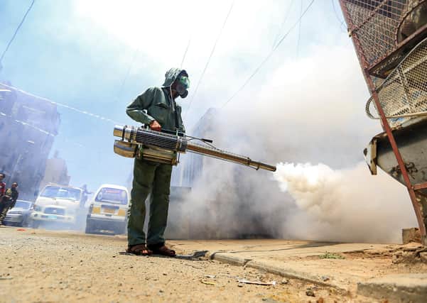 A government worker that is part of a combined taskforce tackling COVID-19 coronavirus fumigates a neighbourhood as part of safety precautions, in Yemen's capital Sanaa.