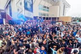 Leeds United fans celebrate at Elland Road on Saturday.