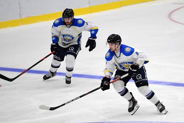 Joe Coulter, right, on the attack during the home opening game against Sheffield Steeldogs on January 31. Picture: Jonathan Gawthorpe.
