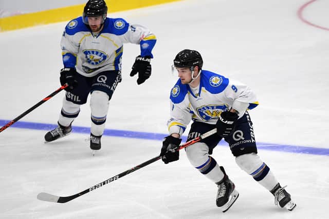 BACK FOR MORE: Joe Coulter, right, in action with Andres Kopstals on the night of the first home game at Elland Road against Sheffield Steeldogs. Picture: Jonathan Gawthorpe.