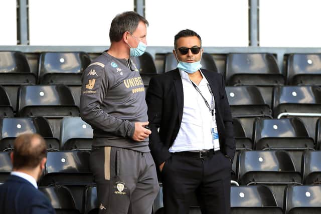 MISSING THE FANS: Leeds United chairman Andrea Radrizzani, right, in the Pride Park stands at Sunday's 3-1 victory at Derby County. Picture by Mike Egerton/PA Wire.