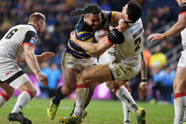 Konrad Hurrell is tackled by Toronto's Sonny Bill Williams in Leeds 
Rhinos' last game before lockdown. Picture: Jonathan Gawthorpe.