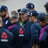 England head coach Chris Silverwood speaks to his team during Wednesday's net session at Old Trafford. Picture: Gareth Copley/Pool/PA