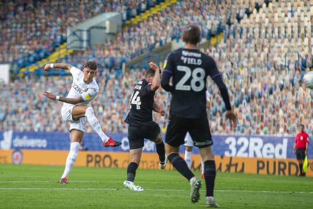 SCORCHER: Ben White thumps his volley into the top corner to fire Leeds United into a 13th-minute lead. Picture by Tony Johnson.
