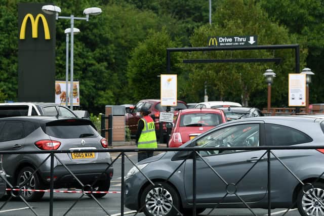 Costa Coffee, McDonald's, Greggs and Asda have issued guidance regarding their policies on mandatory face masks. Pictured: McDonald's drive-thru in Colton.