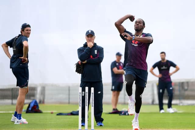 ON FIRE: England's Jofra Archer bowls during the nets session at Emirates Old Trafford on Thursday. Picture: Gareth Copley/PA