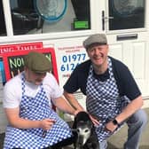 (left to right) Jonny Chapman, Charlie Tipton, the owner of Hillside Fisheries, with Gyp, the Whippet