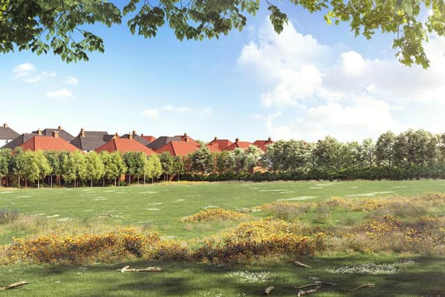 A recent artist impression of the site, as seen from a nearby field. (Credit: David Wilson Homes)