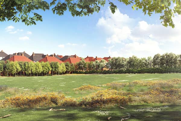 A recent artist impression of the site, as seen from a nearby field. (Credit: David Wilson Homes)
